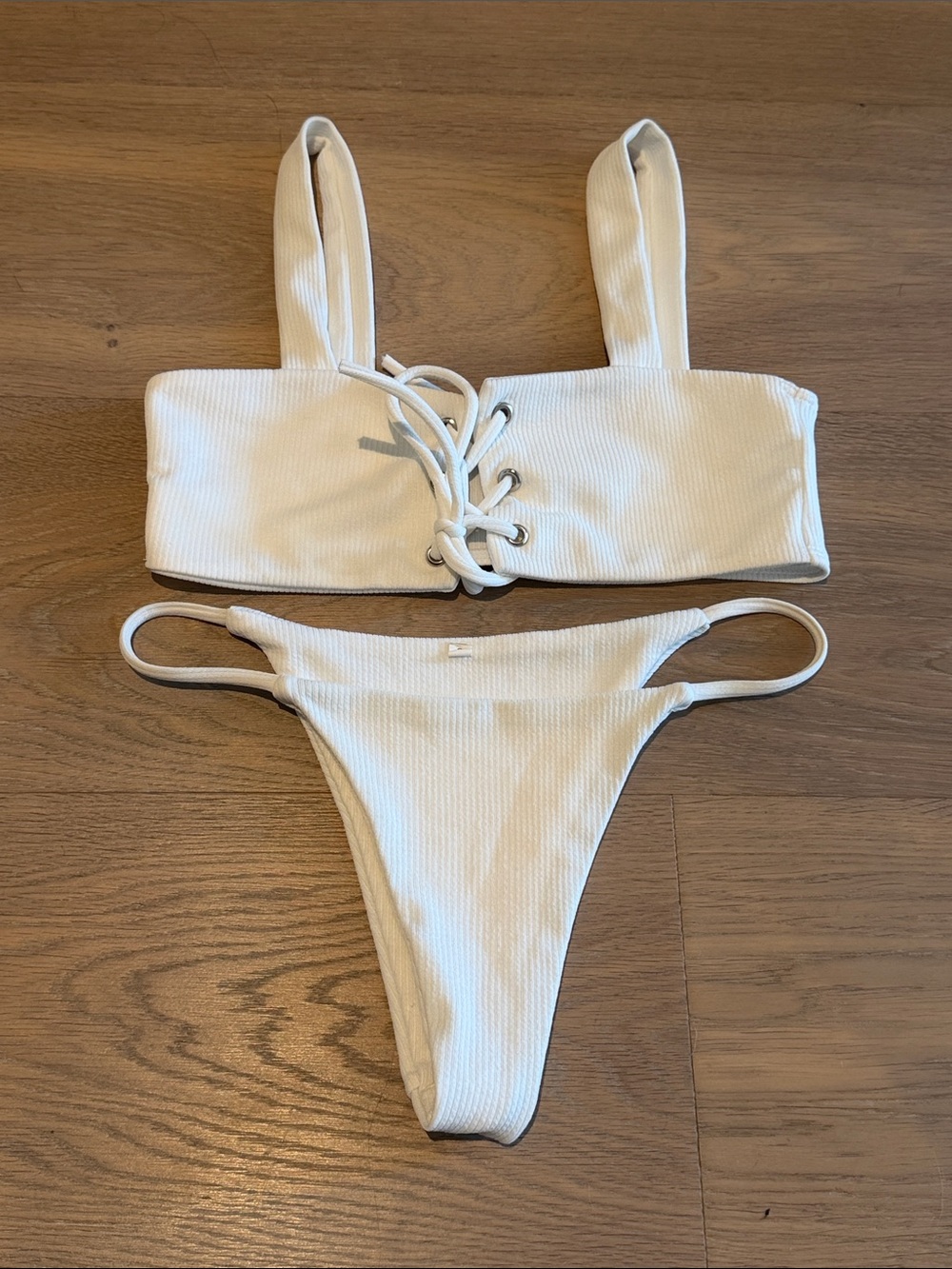 White Ribbed Lace-Up Two-Piece One-Piece Swim Set